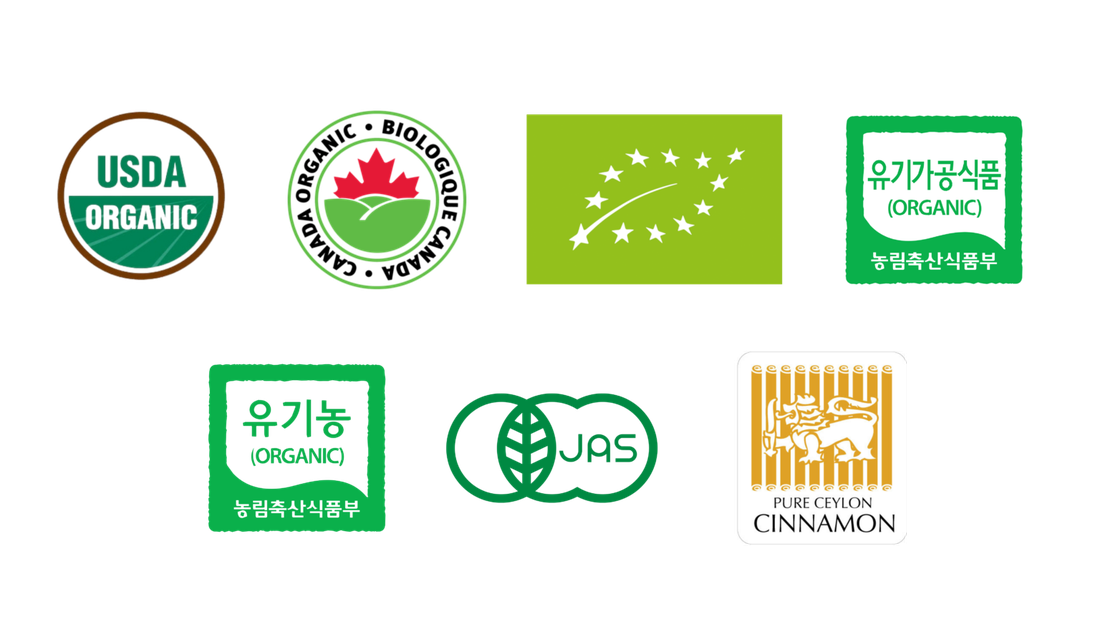 Organic certification logos held by Diyesta: USDA Organic, Canada Organic / Biologique Canada, EU organic leaf, Korean organic, JAS Japan organic, alongside the Pure Ceylon Cinnamon mark